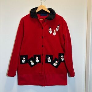 Ugly Christmas Sweater Red Fleece Cardigan with Snowman Accents M